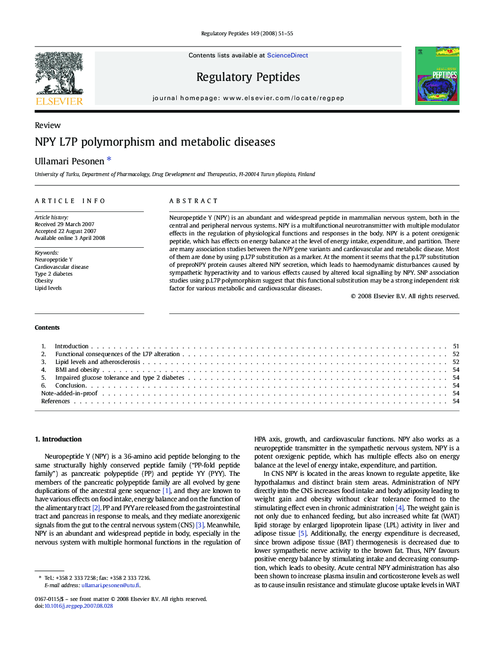 NPY L7P polymorphism and metabolic diseases