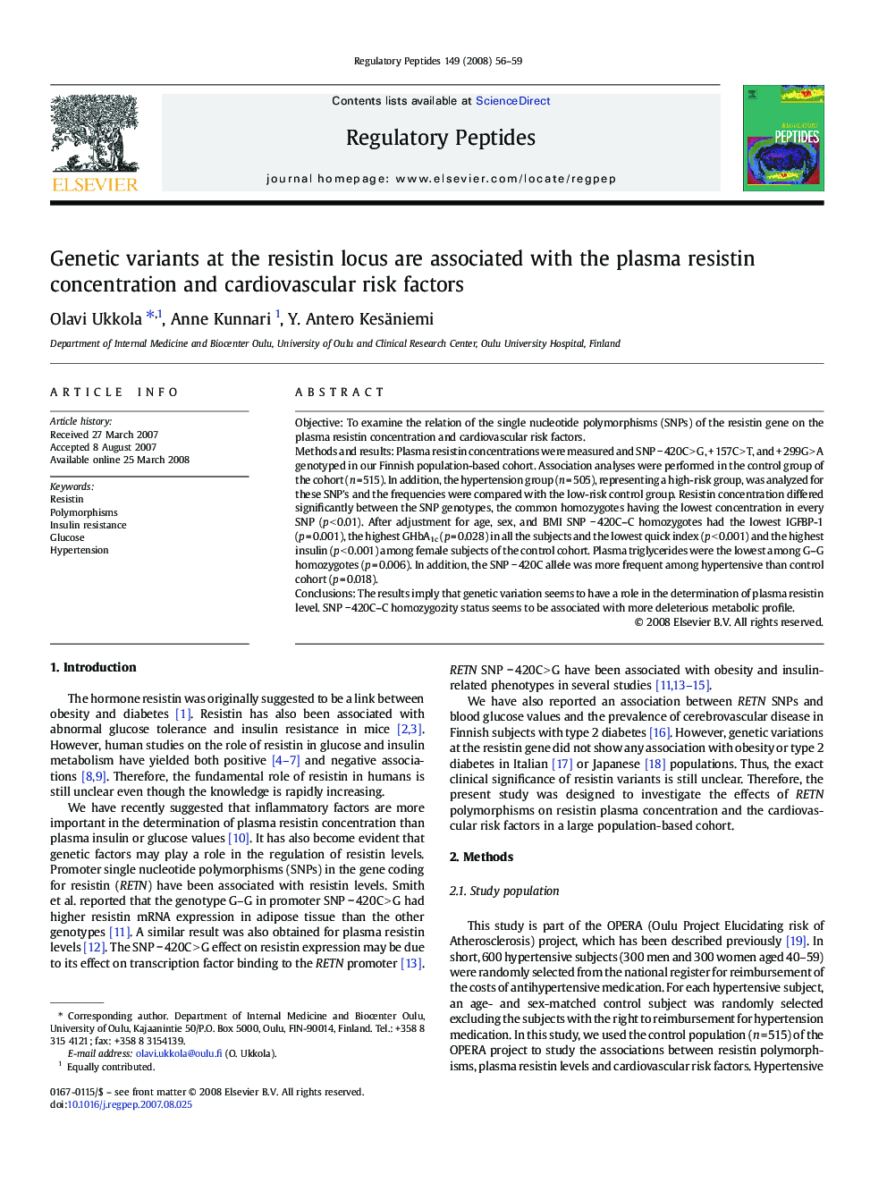 Genetic variants at the resistin locus are associated with the plasma resistin concentration and cardiovascular risk factors