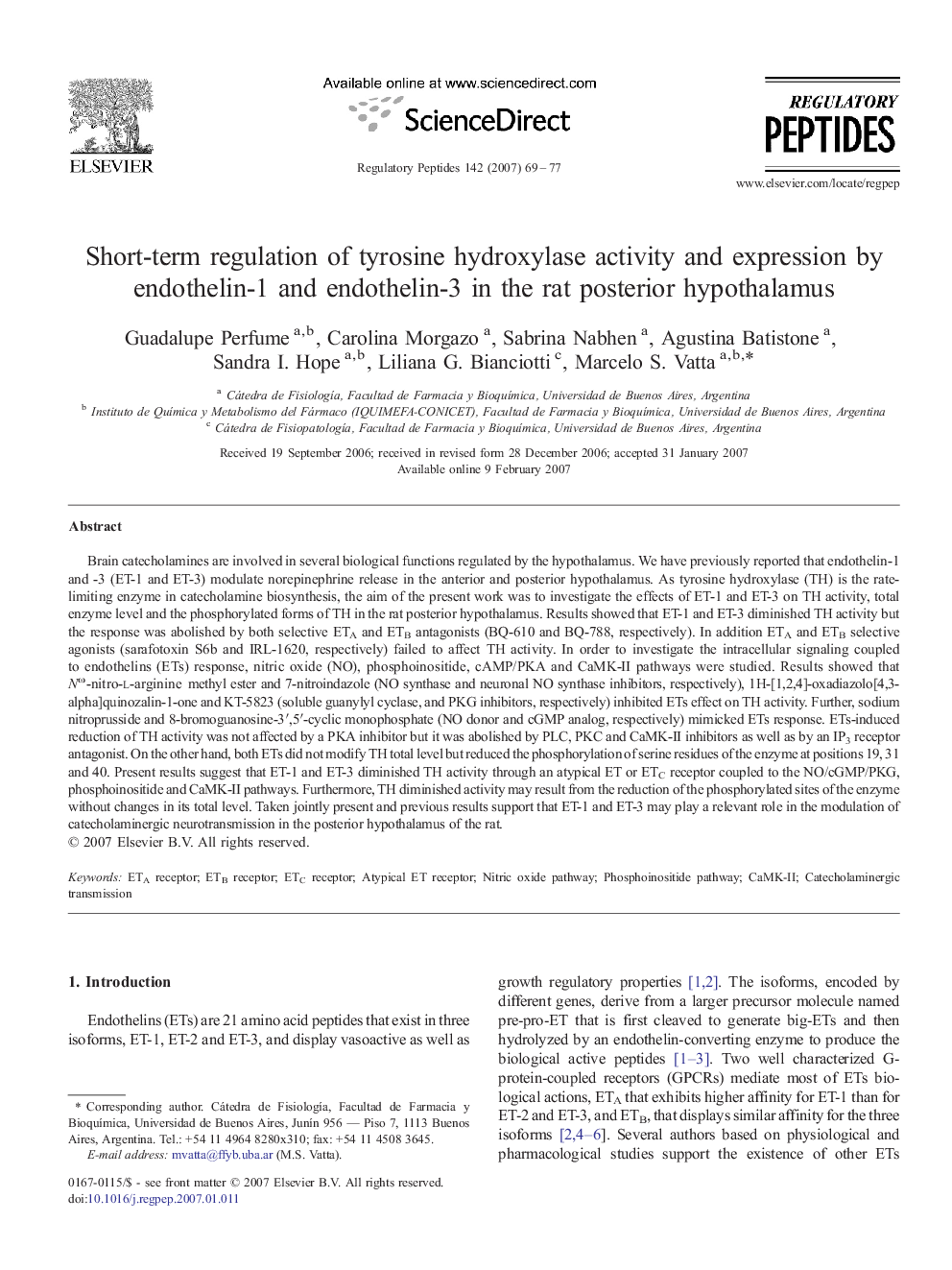 Short-term regulation of tyrosine hydroxylase activity and expression by endothelin-1 and endothelin-3 in the rat posterior hypothalamus