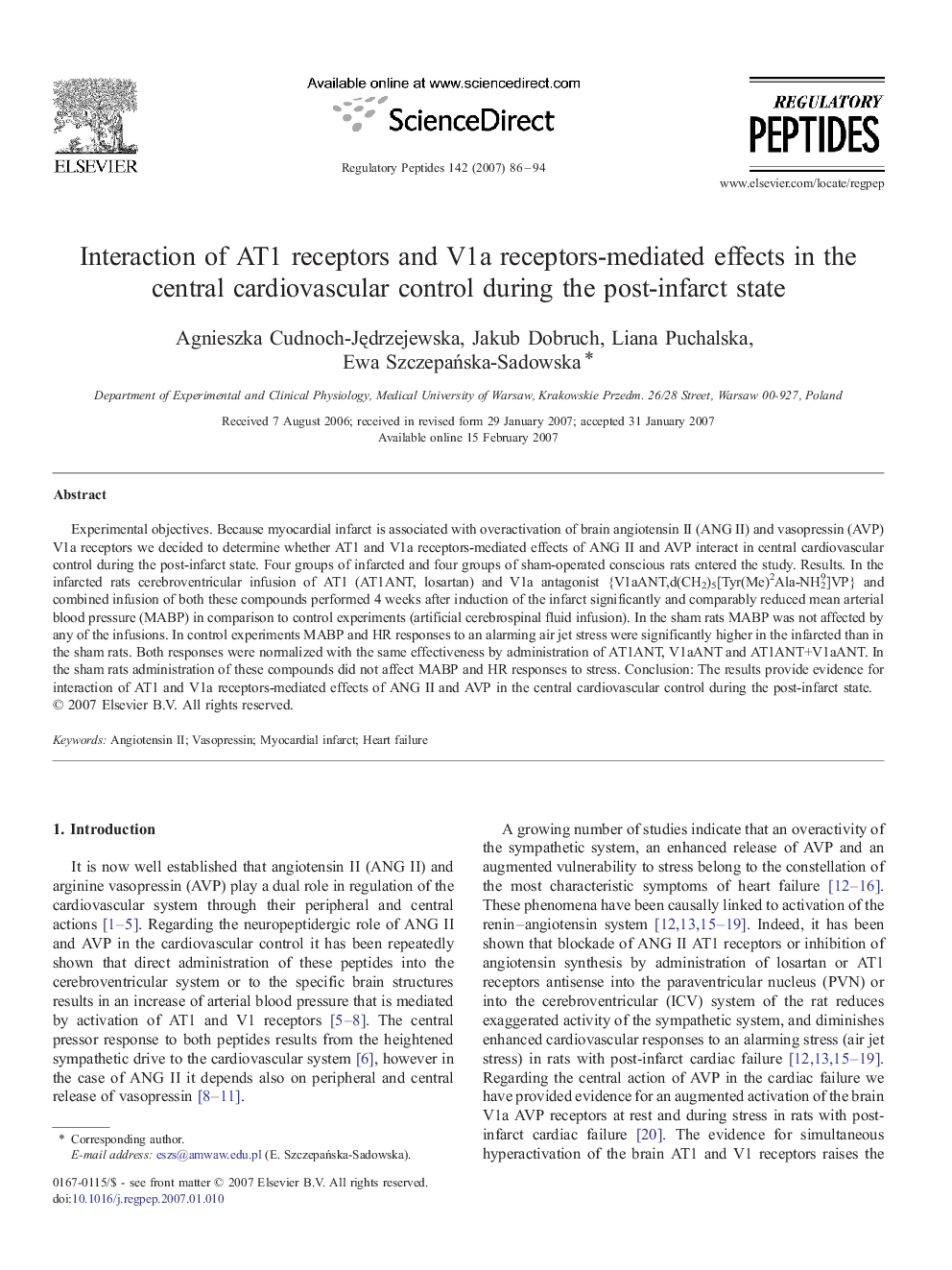 Interaction of AT1 receptors and V1a receptors-mediated effects in the central cardiovascular control during the post-infarct state