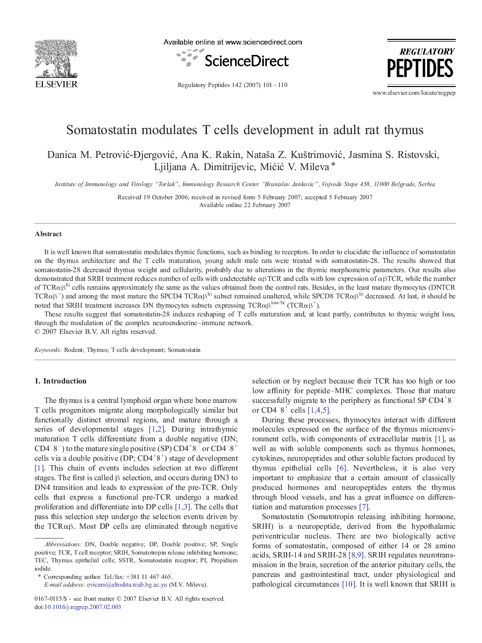 Somatostatin modulates T cells development in adult rat thymus