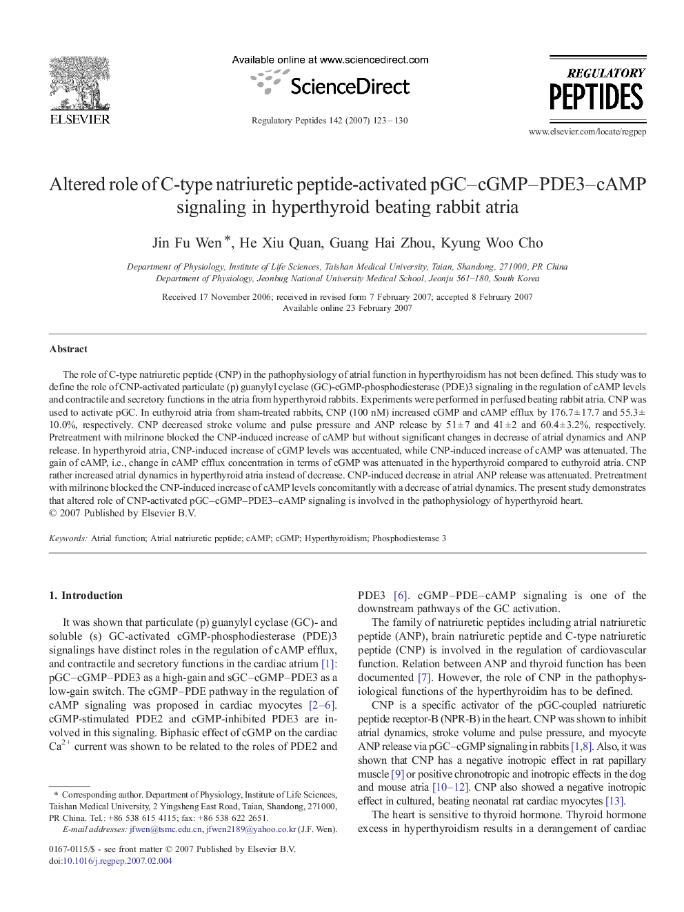 Altered role of C-type natriuretic peptide-activated pGC-cGMP-PDE3-cAMP signaling in hyperthyroid beating rabbit atria