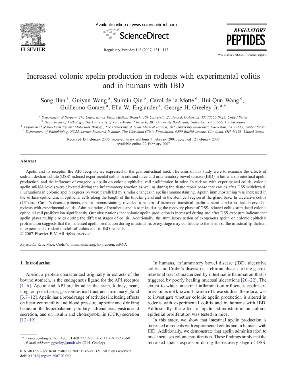 Increased colonic apelin production in rodents with experimental colitis and in humans with IBD