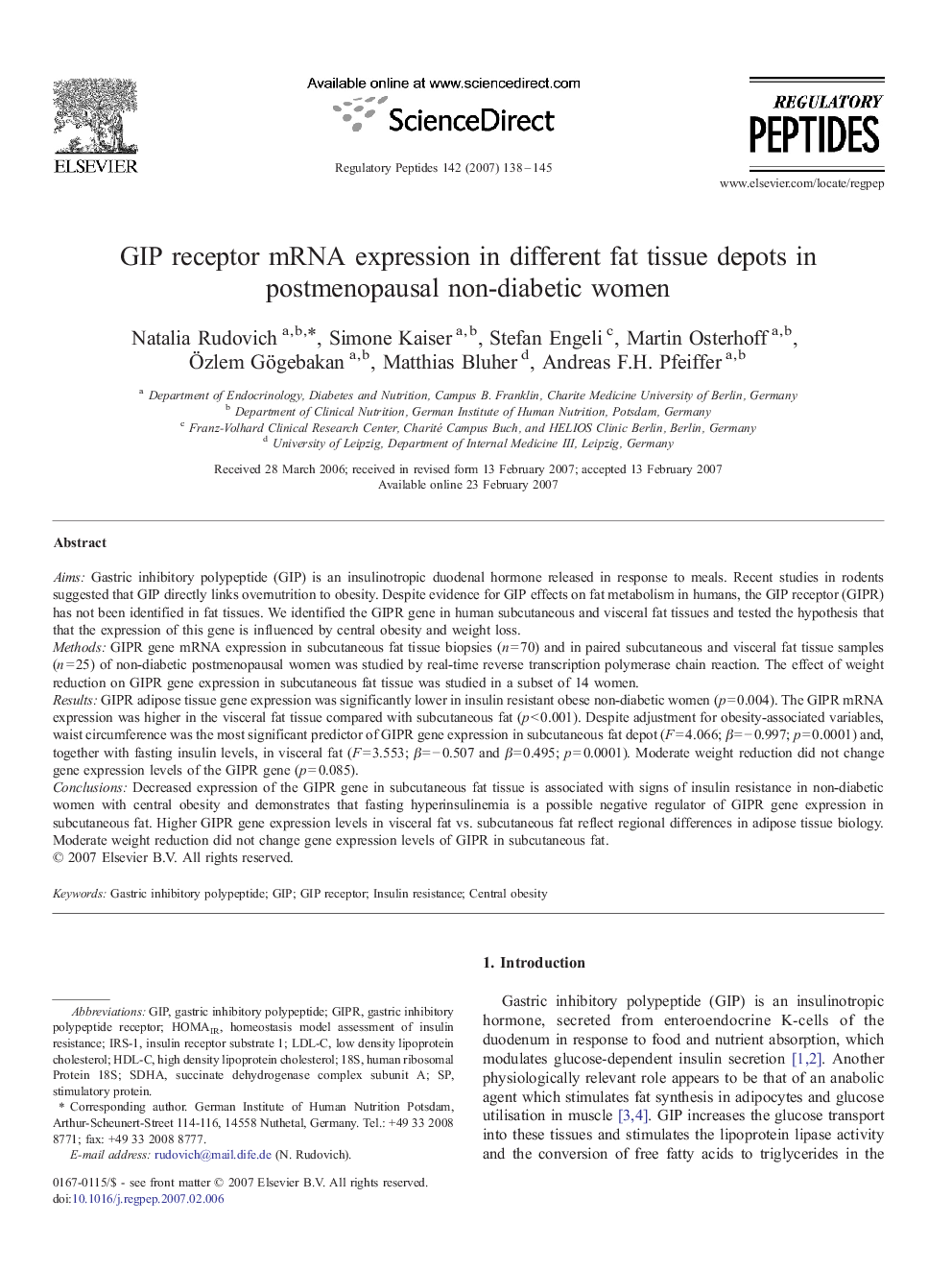 GIP receptor mRNA expression in different fat tissue depots in postmenopausal non-diabetic women