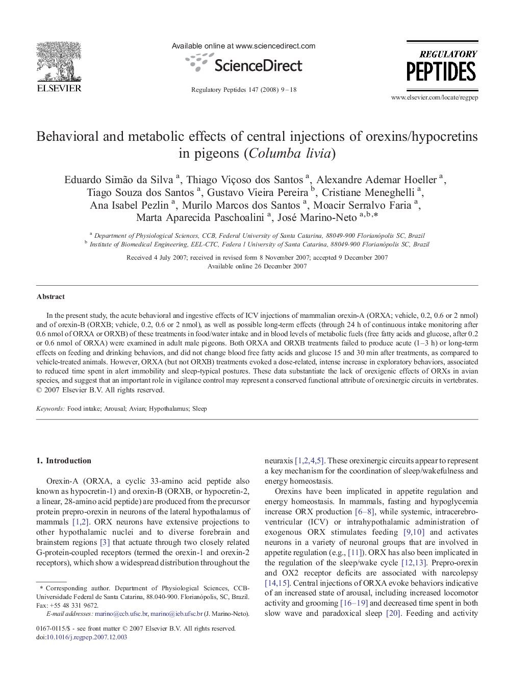 Behavioral and metabolic effects of central injections of orexins/hypocretins in pigeons (Columba livia)