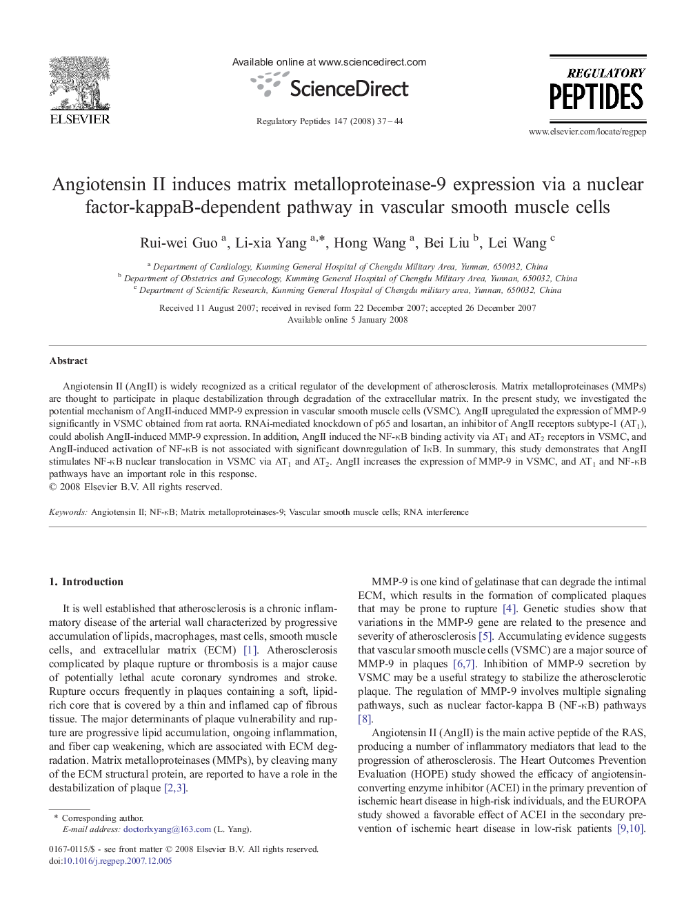 Angiotensin II induces matrix metalloproteinase-9 expression via a nuclear factor-kappaB-dependent pathway in vascular smooth muscle cells