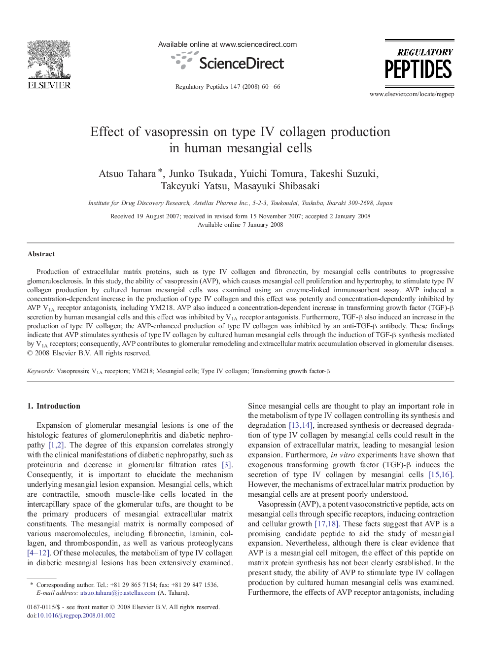 Effect of vasopressin on type IV collagen production in human mesangial cells