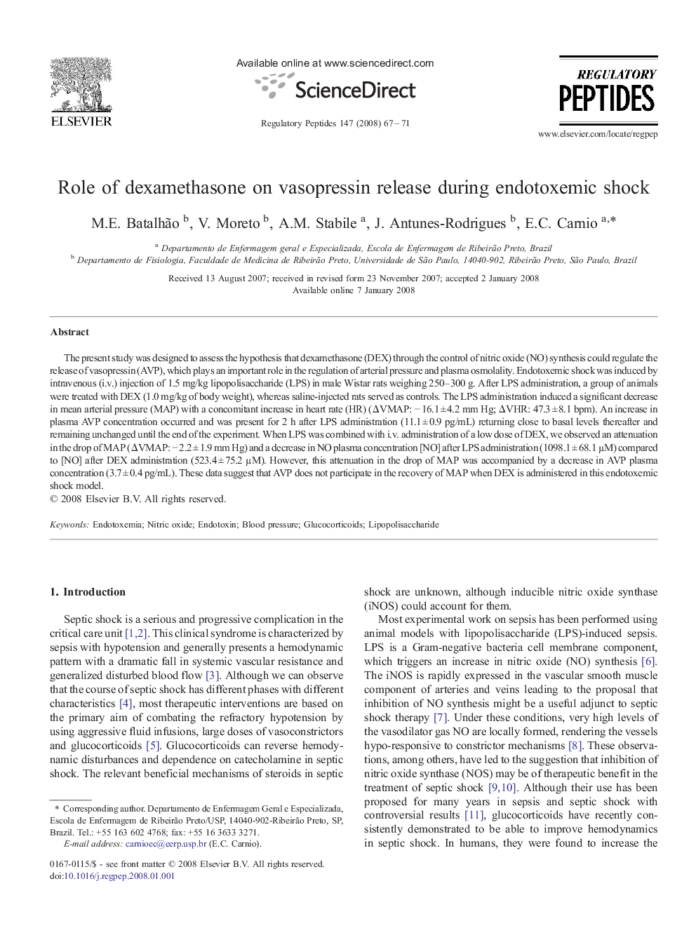 Role of dexamethasone on vasopressin release during endotoxemic shock