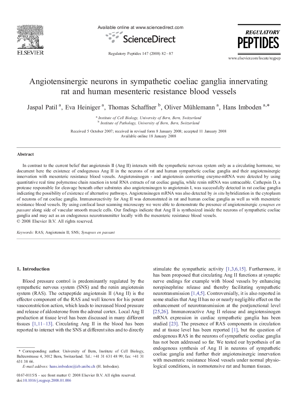 Angiotensinergic neurons in sympathetic coeliac ganglia innervating rat and human mesenteric resistance blood vessels