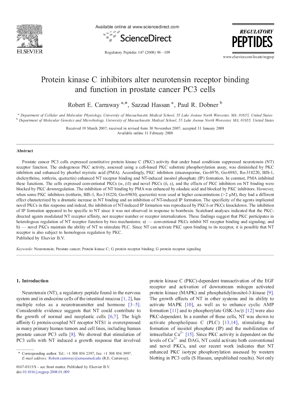 Protein kinase C inhibitors alter neurotensin receptor binding and function in prostate cancer PC3 cells