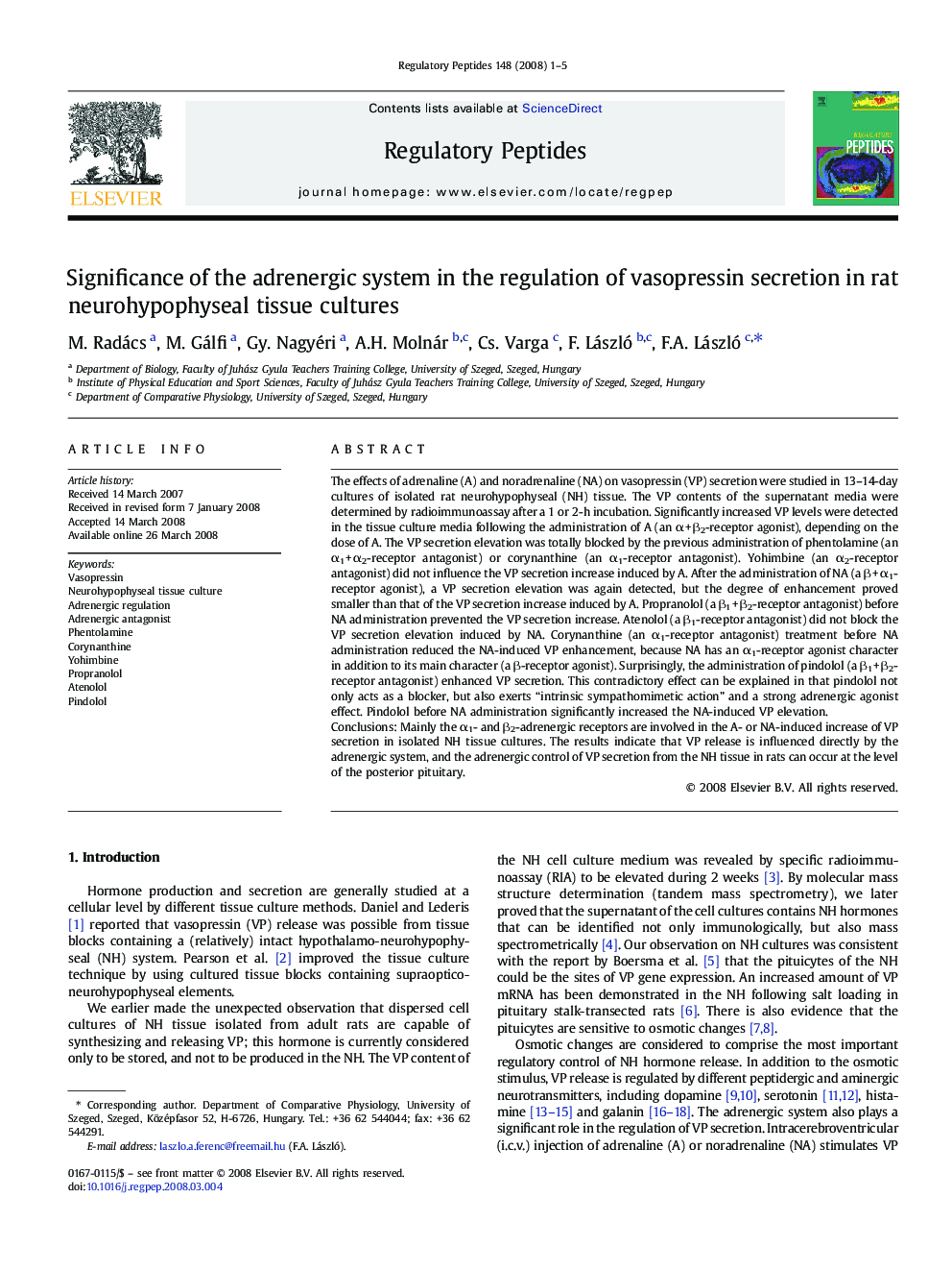 Significance of the adrenergic system in the regulation of vasopressin secretion in rat neurohypophyseal tissue cultures