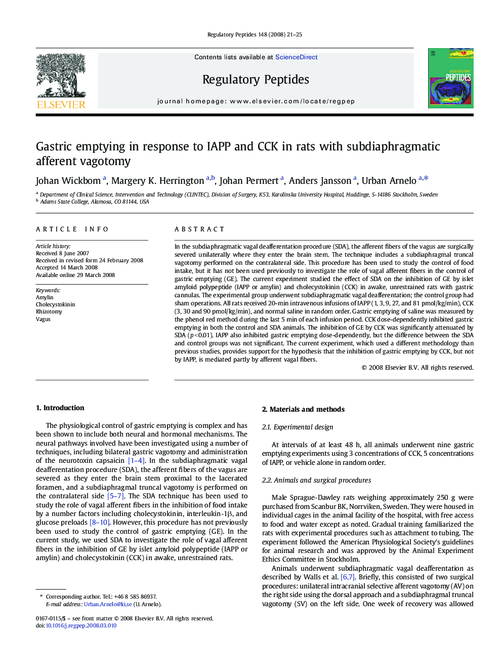 Gastric emptying in response to IAPP and CCK in rats with subdiaphragmatic afferent vagotomy