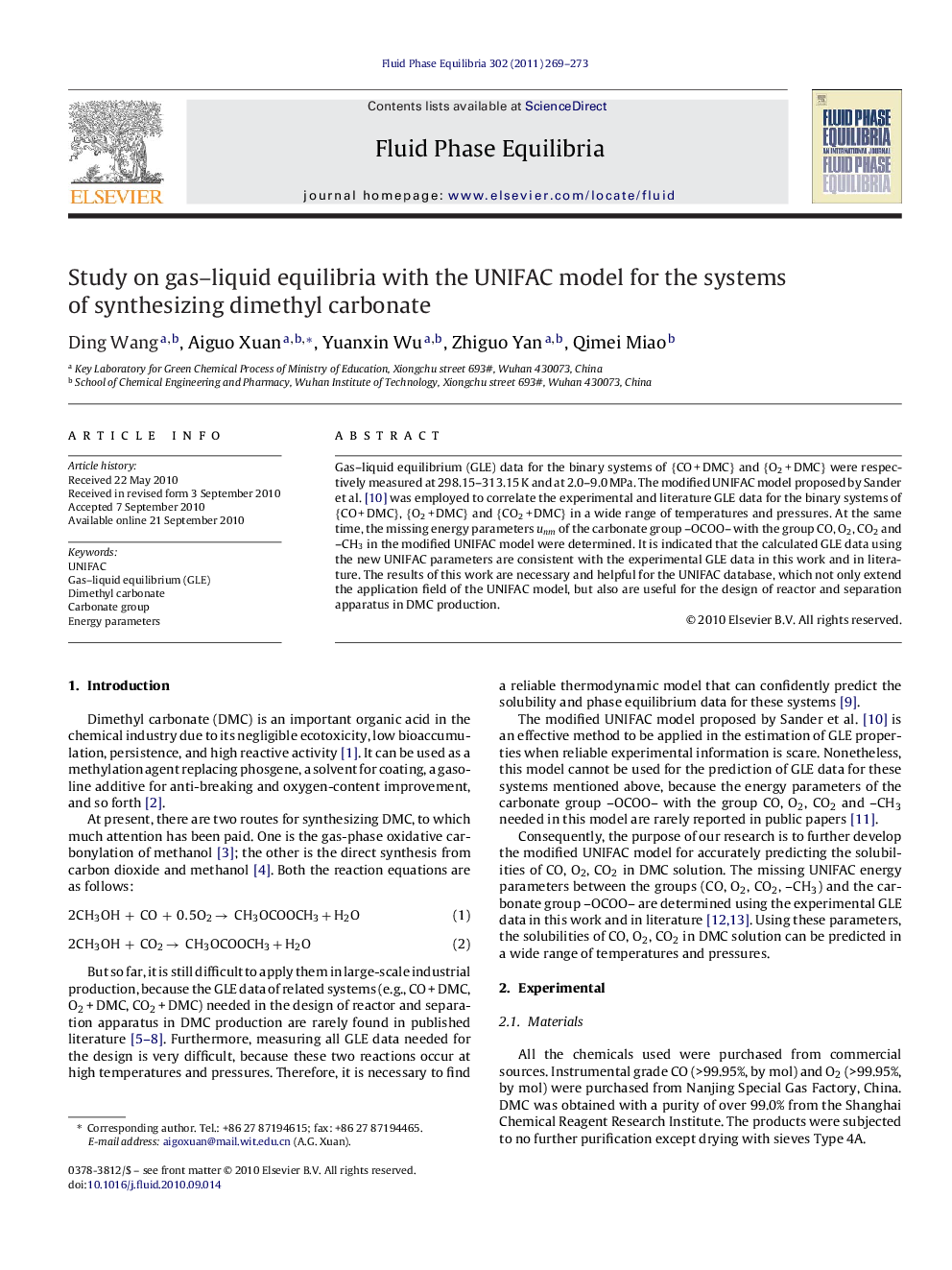 Study on gas–liquid equilibria with the UNIFAC model for the systems of synthesizing dimethyl carbonate