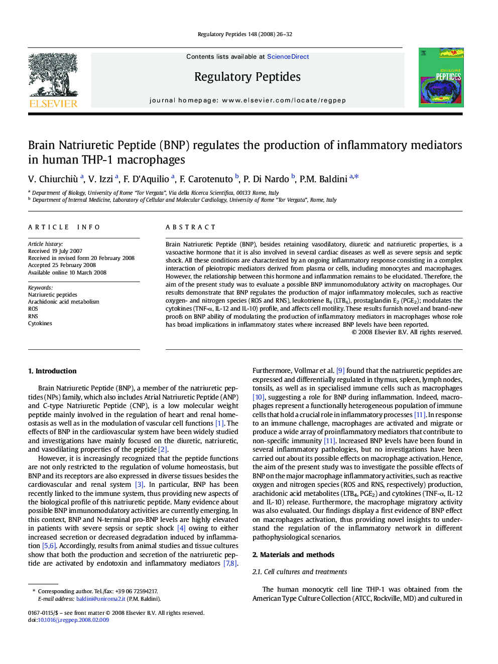 Brain Natriuretic Peptide (BNP) regulates the production of inflammatory mediators in human THP-1 macrophages