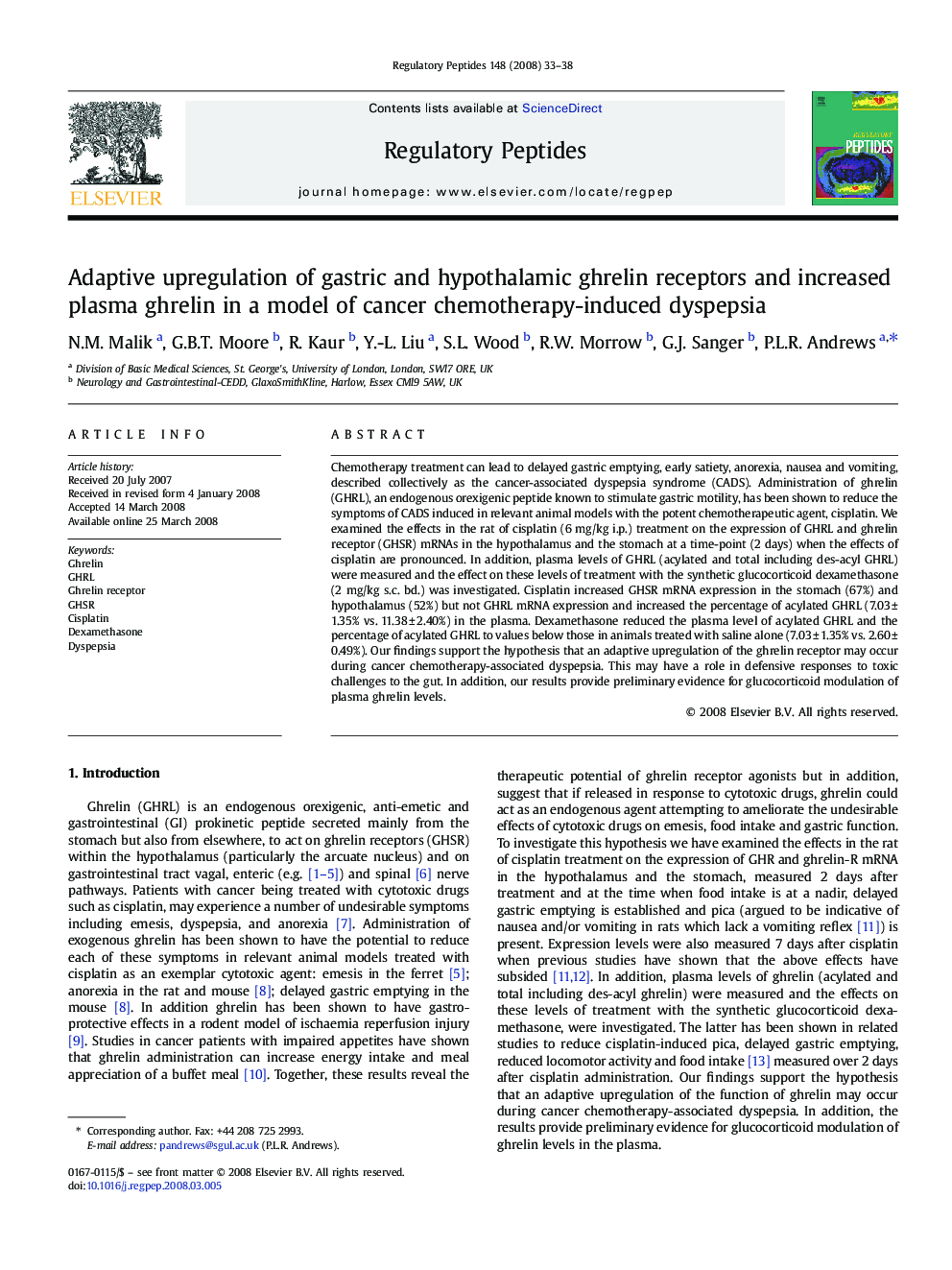 Adaptive upregulation of gastric and hypothalamic ghrelin receptors and increased plasma ghrelin in a model of cancer chemotherapy-induced dyspepsia