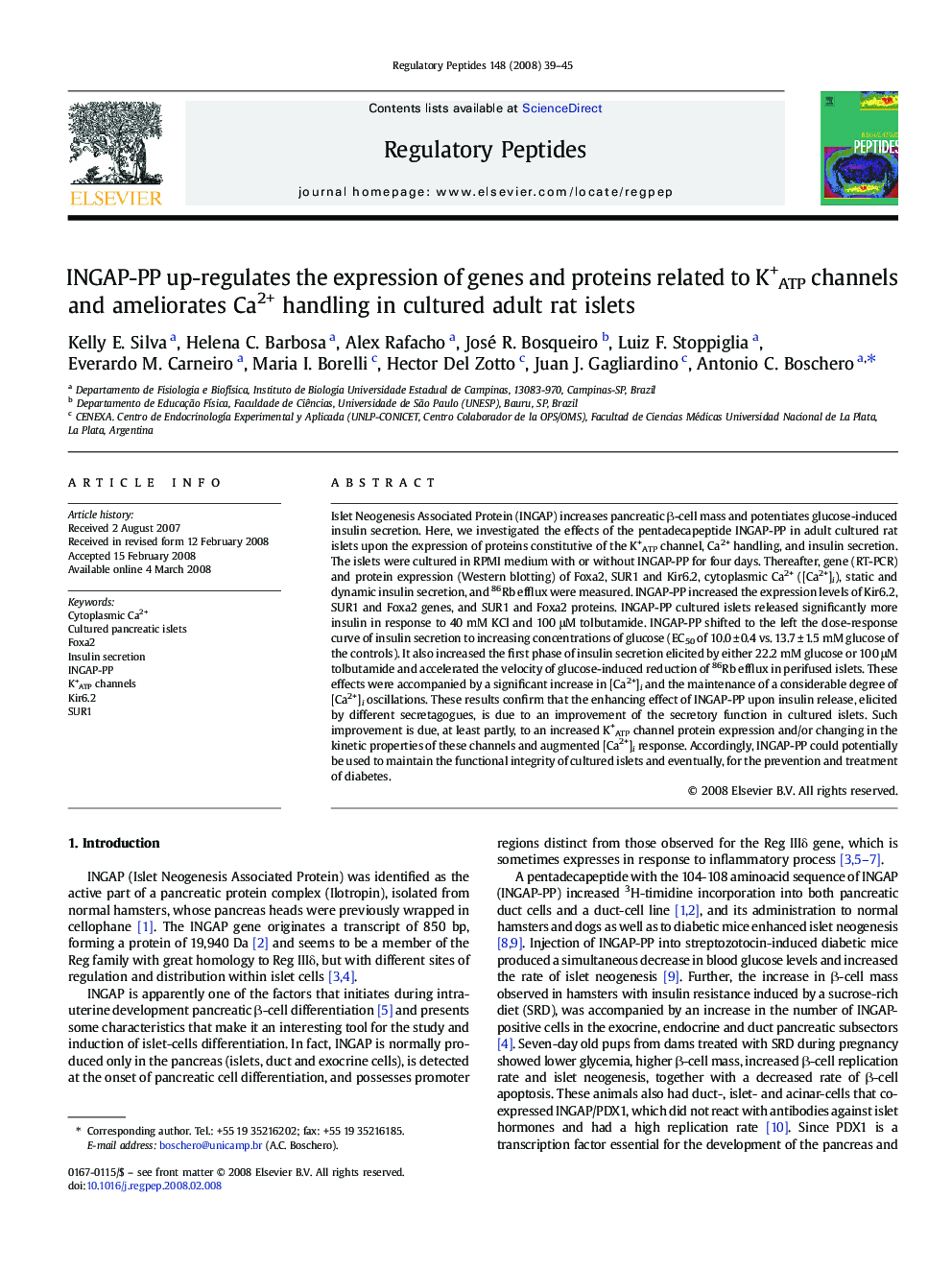 INGAP-PP up-regulates the expression of genes and proteins related to K+ATP channels and ameliorates Ca2+ handling in cultured adult rat islets