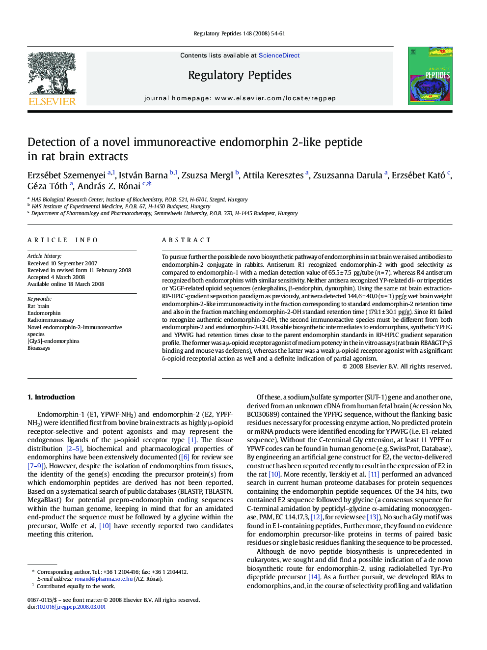 Detection of a novel immunoreactive endomorphin 2-like peptide in rat brain extracts