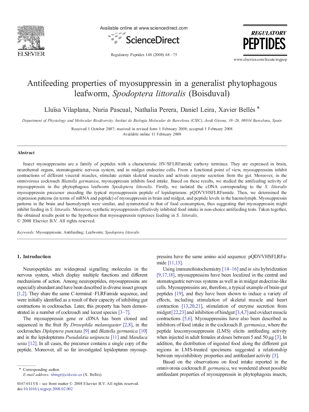 Antifeeding properties of myosuppressin in a generalist phytophagous leafworm, Spodoptera littoralis (Boisduval)