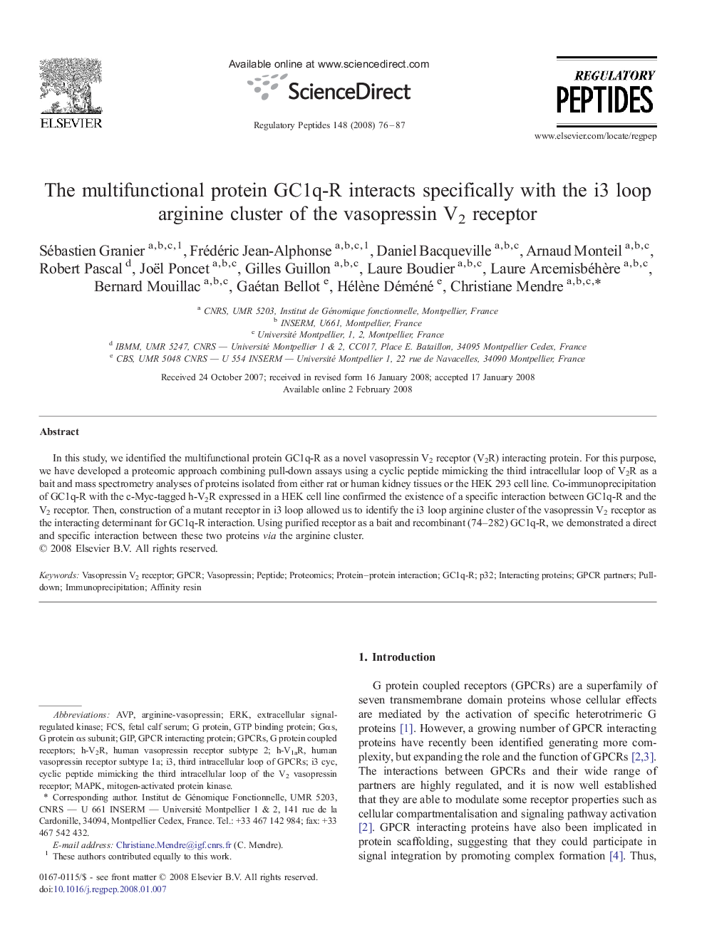 The multifunctional protein GC1q-R interacts specifically with the i3 loop arginine cluster of the vasopressin V2 receptor