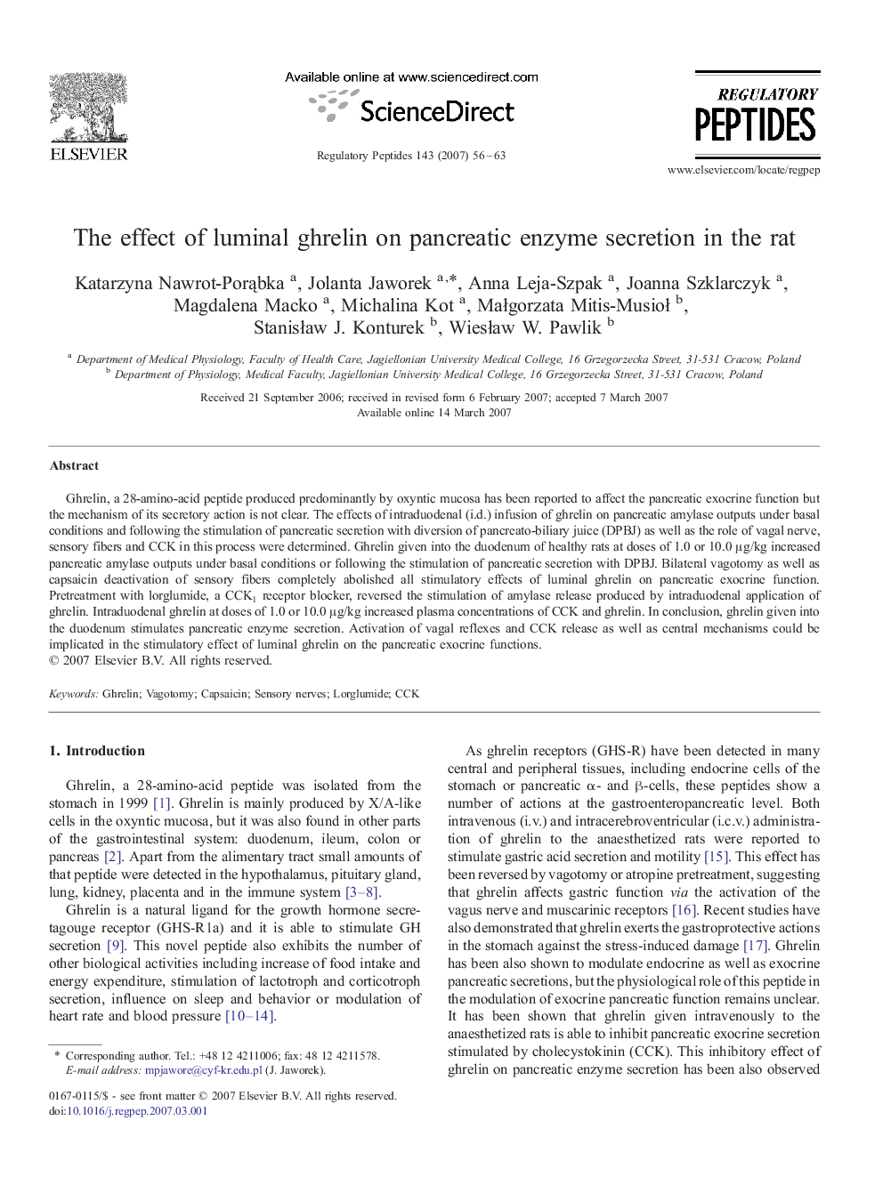 The effect of luminal ghrelin on pancreatic enzyme secretion in the rat