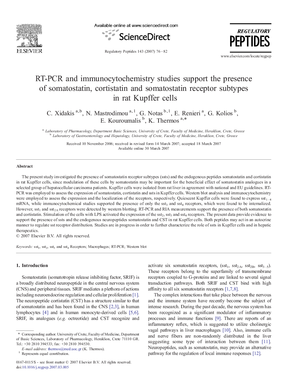 RT-PCR and immunocytochemistry studies support the presence of somatostatin, cortistatin and somatostatin receptor subtypes in rat Kupffer cells