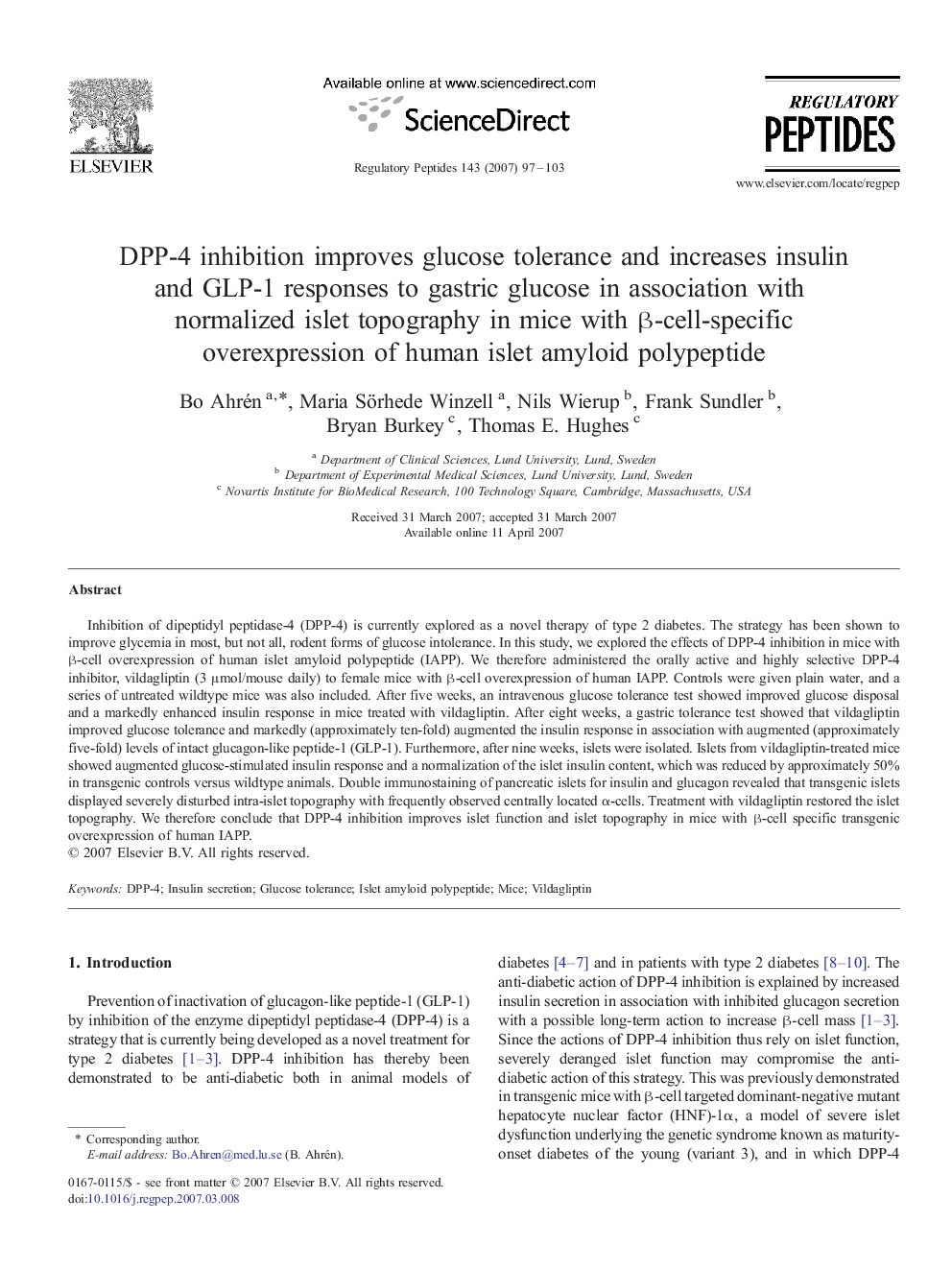 DPP-4 inhibition improves glucose tolerance and increases insulin and GLP-1 responses to gastric glucose in association with normalized islet topography in mice with β-cell-specific overexpression of human islet amyloid polypeptide