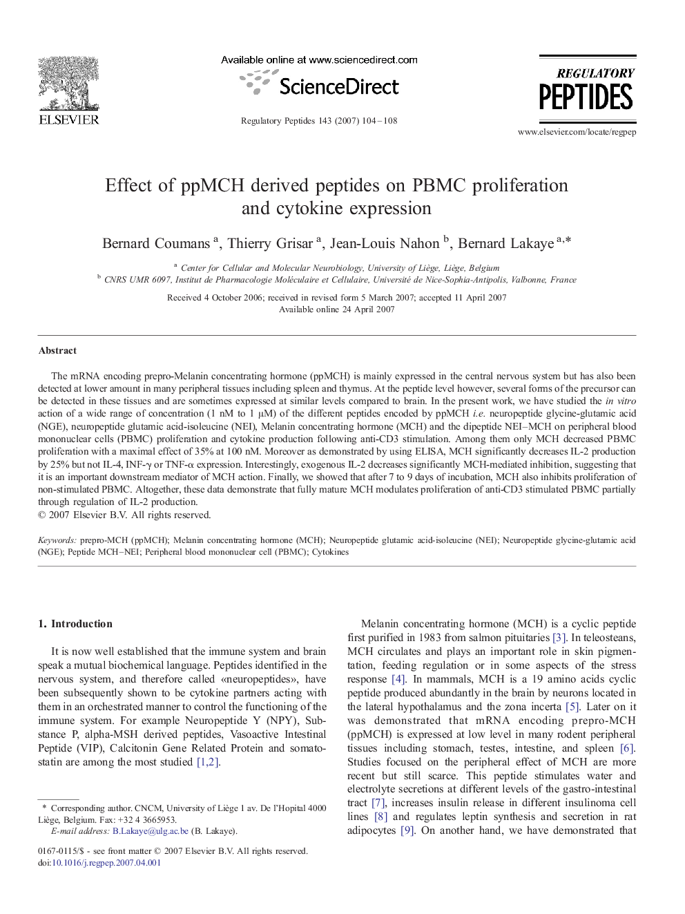 Effect of ppMCH derived peptides on PBMC proliferation and cytokine expression