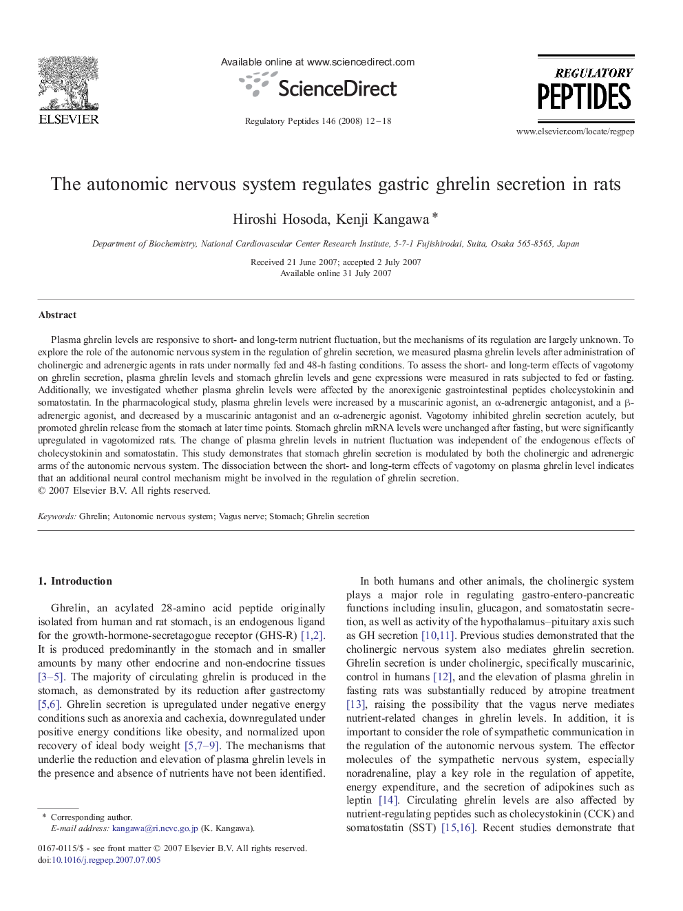 The autonomic nervous system regulates gastric ghrelin secretion in rats