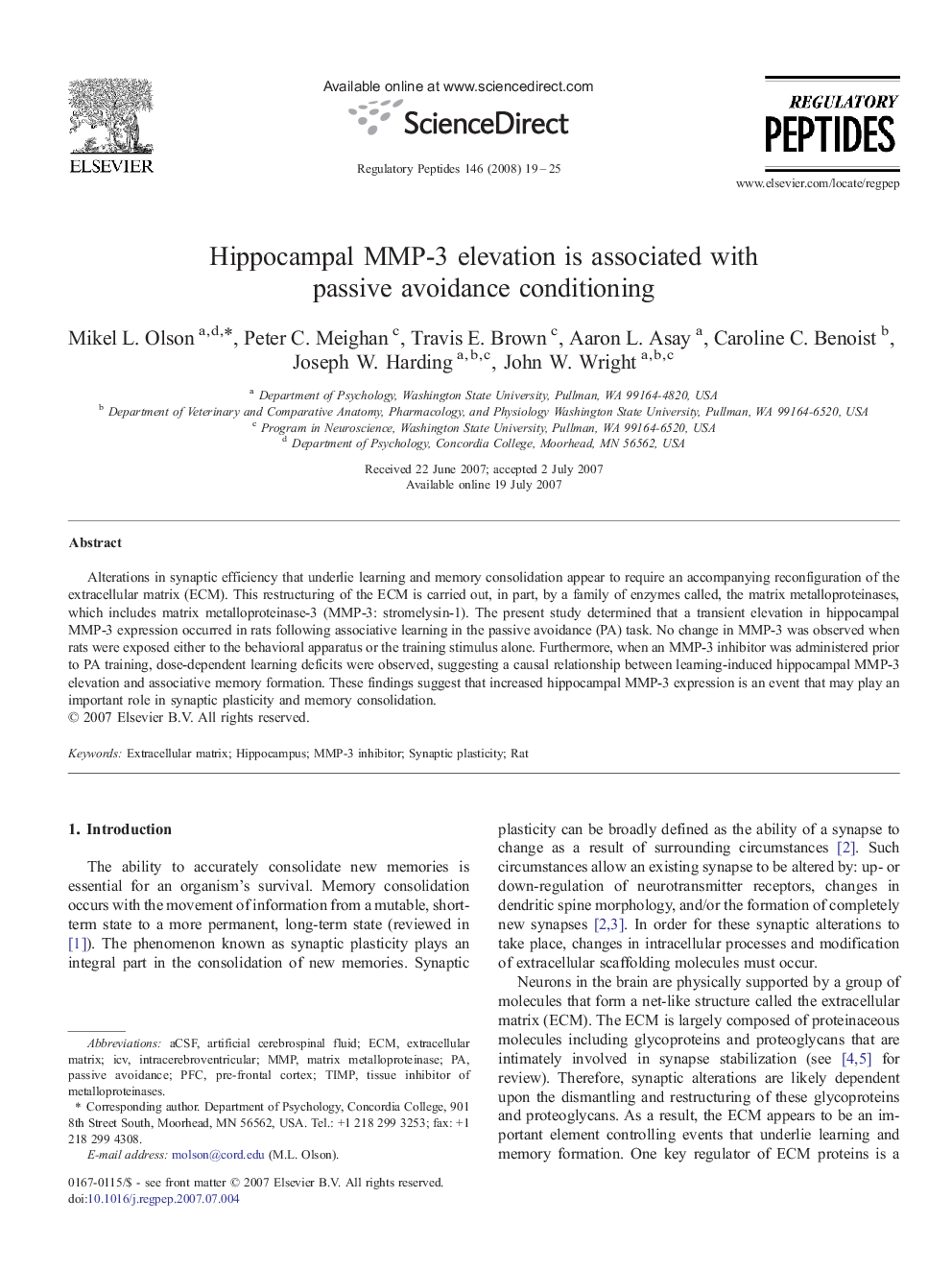 Hippocampal MMP-3 elevation is associated with passive avoidance conditioning