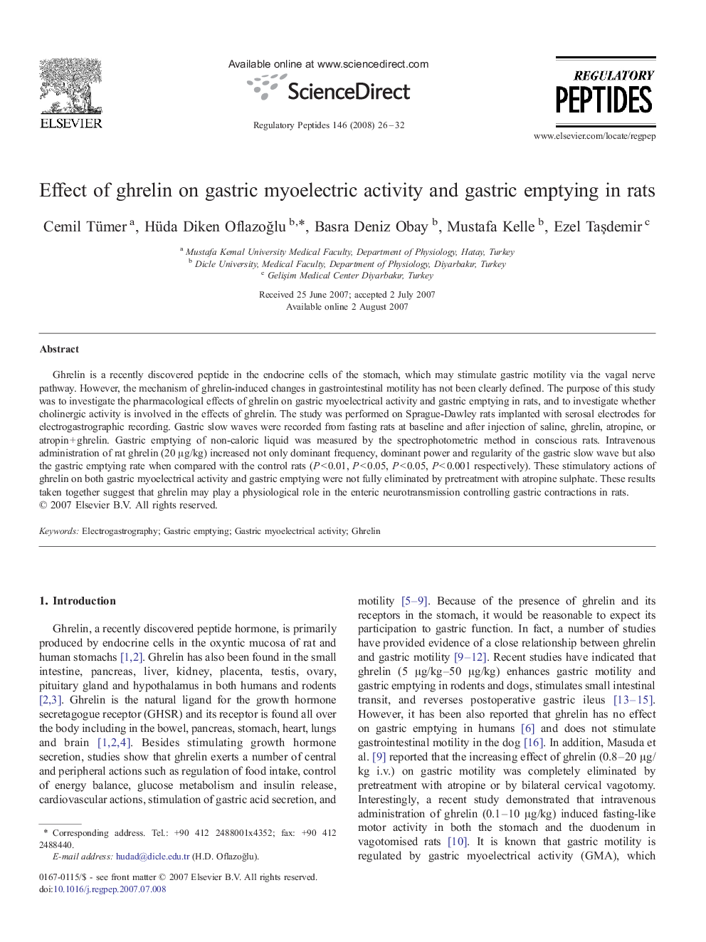 Effect of ghrelin on gastric myoelectric activity and gastric emptying in rats