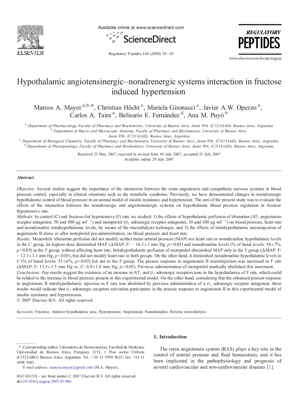 Hypothalamic angiotensinergic-noradrenergic systems interaction in fructose induced hypertension