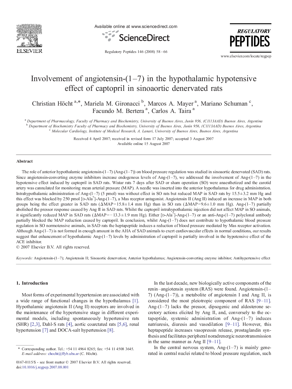 Involvement of angiotensin-(1-7) in the hypothalamic hypotensive effect of captopril in sinoaortic denervated rats