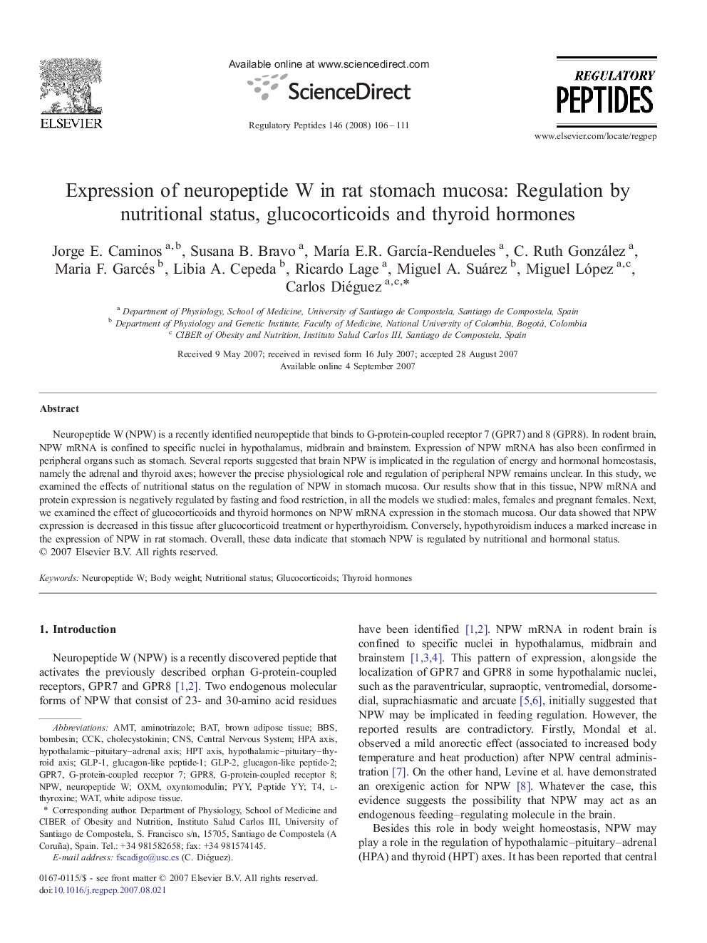 Expression of neuropeptide W in rat stomach mucosa: Regulation by nutritional status, glucocorticoids and thyroid hormones