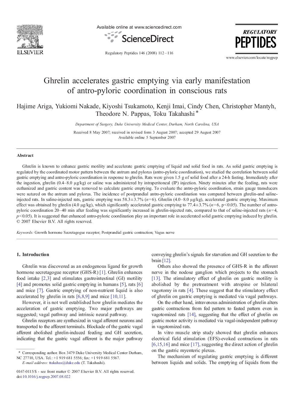 Ghrelin accelerates gastric emptying via early manifestation of antro-pyloric coordination in conscious rats