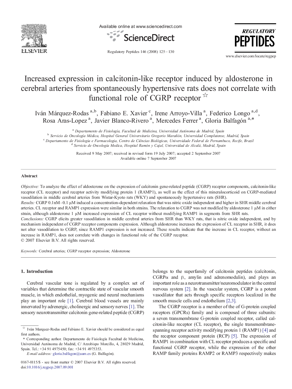 Increased expression in calcitonin-like receptor induced by aldosterone in cerebral arteries from spontaneously hypertensive rats does not correlate with functional role of CGRP receptor 