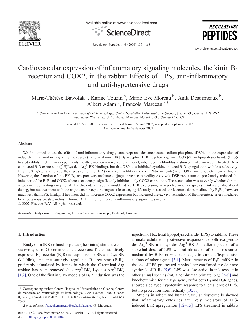 Cardiovascular expression of inflammatory signaling molecules, the kinin B1 receptor and COX2, in the rabbit: Effects of LPS, anti-inflammatory and anti-hypertensive drugs