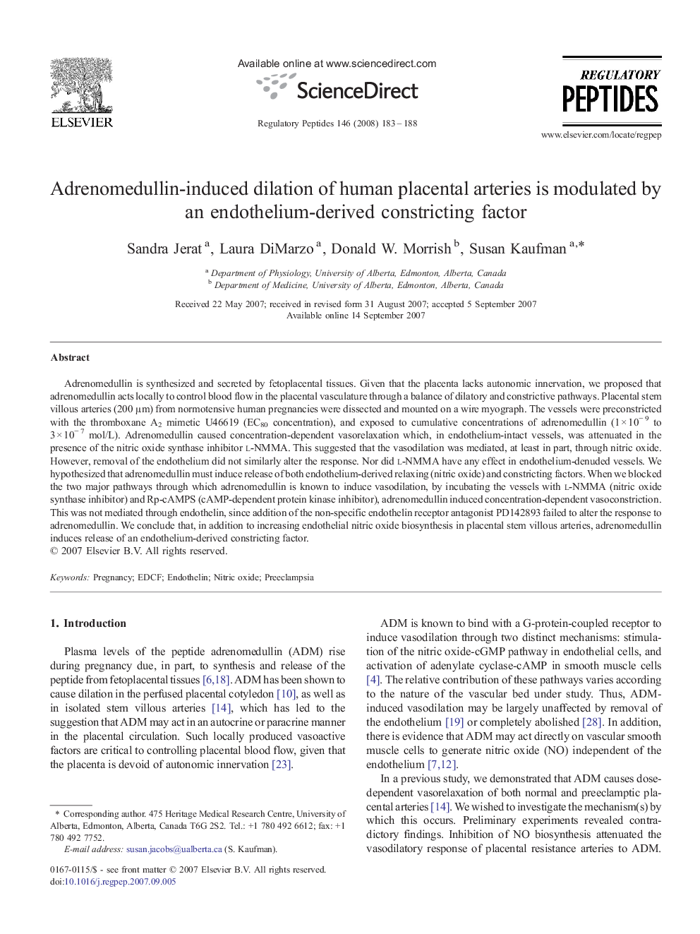 Adrenomedullin-induced dilation of human placental arteries is modulated by an endothelium-derived constricting factor