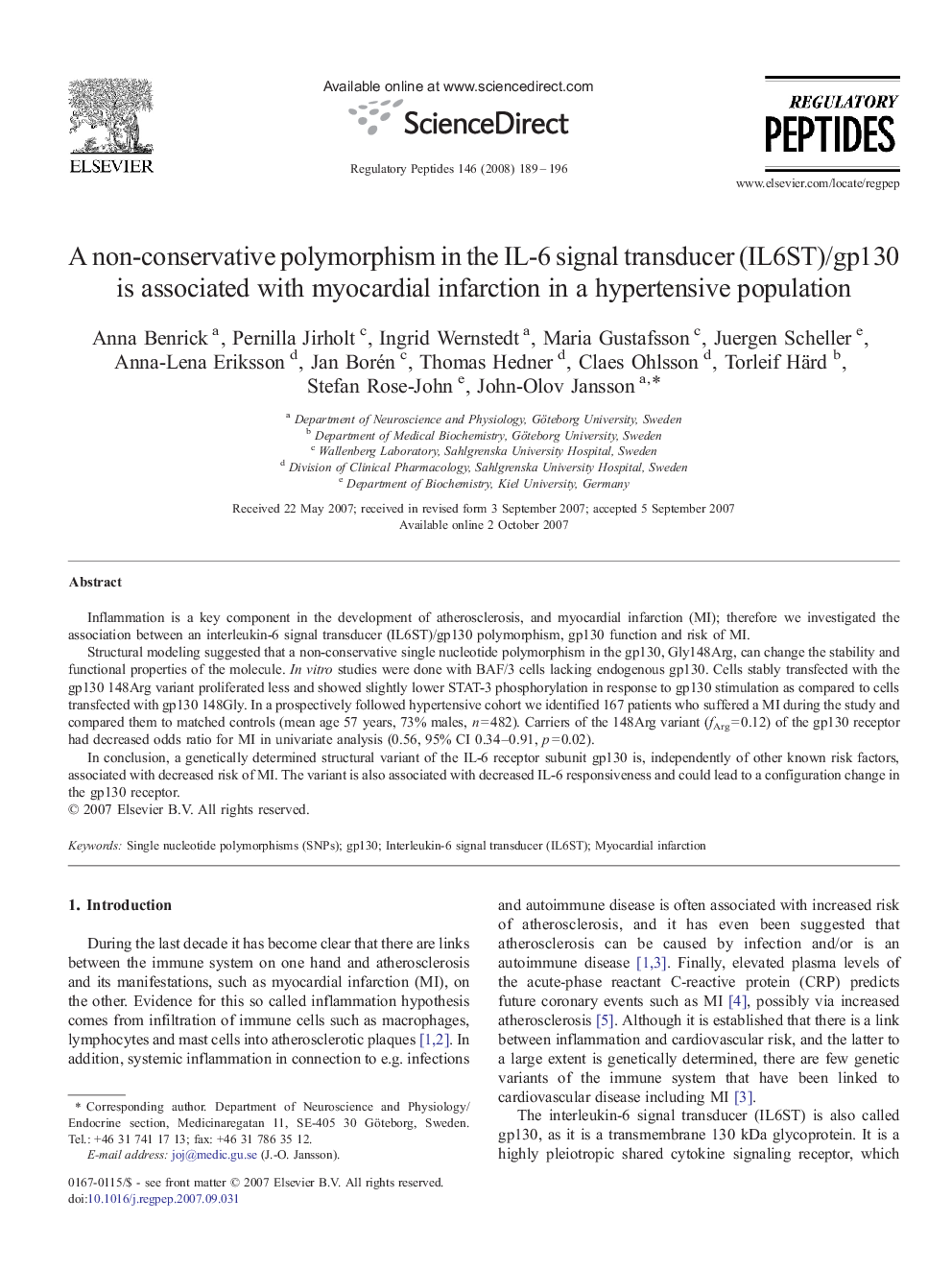 A non-conservative polymorphism in the IL-6 signal transducer (IL6ST)/gp130 is associated with myocardial infarction in a hypertensive population