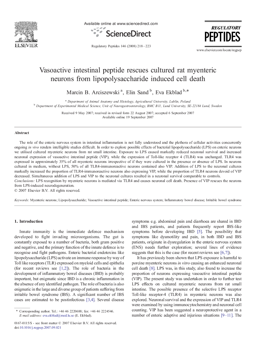 Vasoactive intestinal peptide rescues cultured rat myenteric neurons from lipopolysaccharide induced cell death