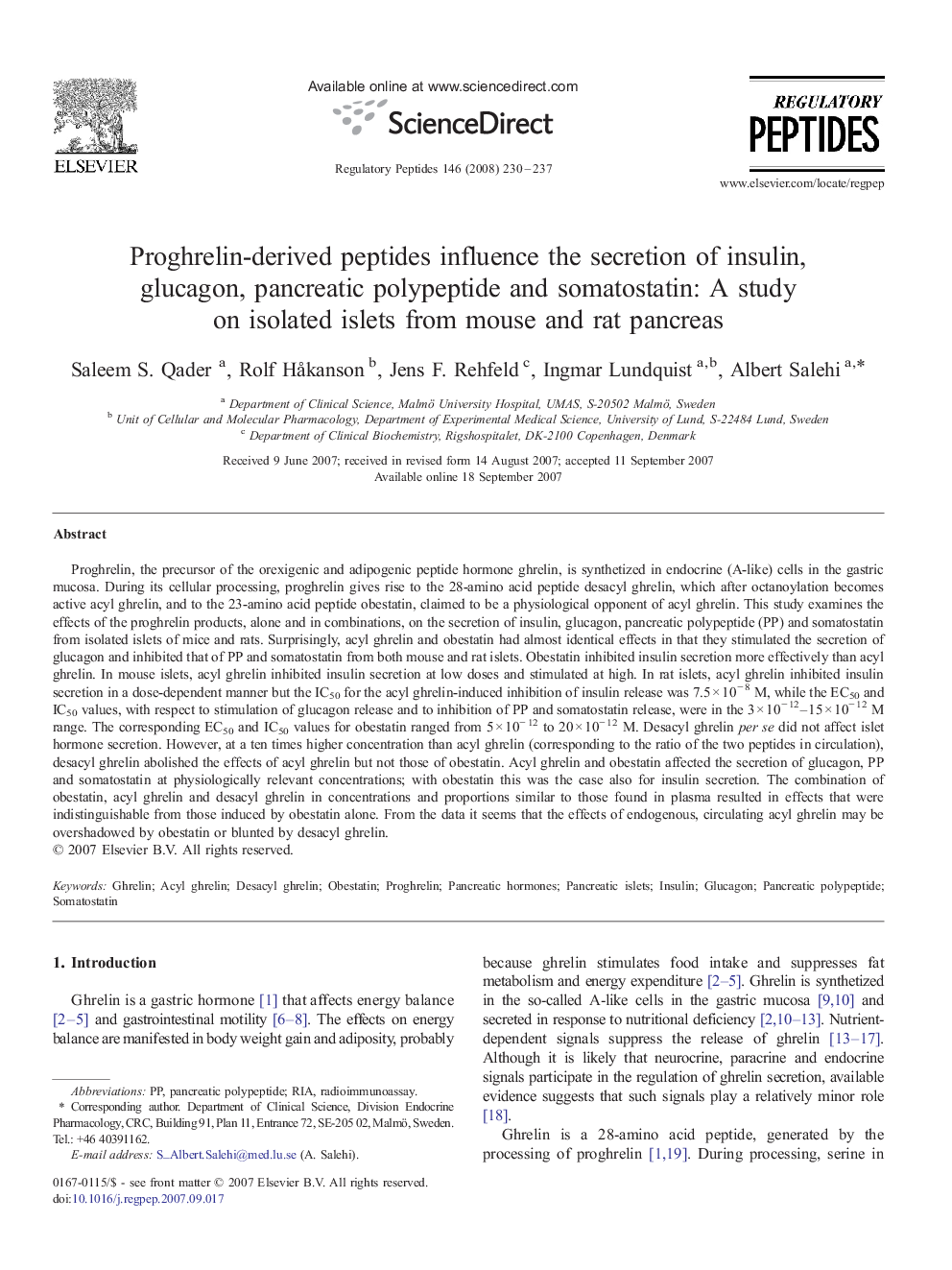 Proghrelin-derived peptides influence the secretion of insulin, glucagon, pancreatic polypeptide and somatostatin: A study on isolated islets from mouse and rat pancreas