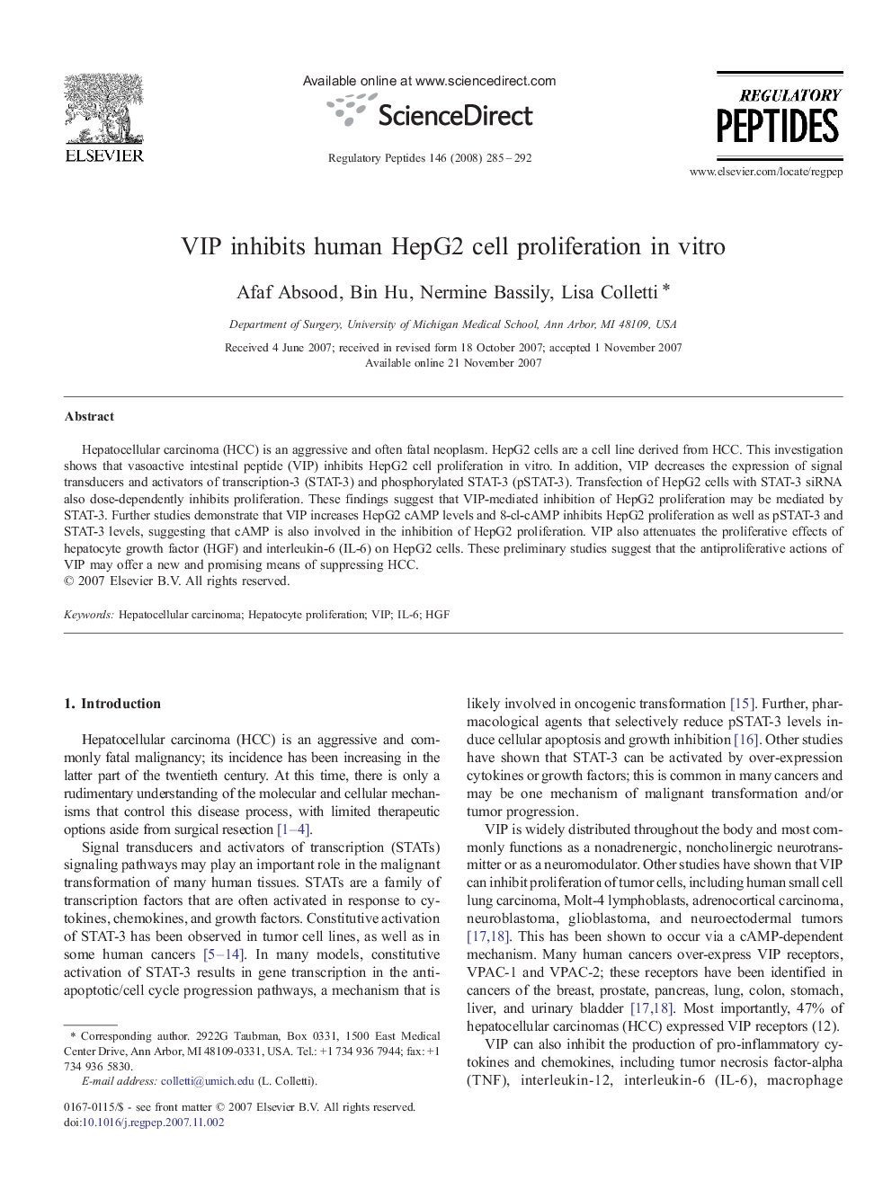 VIP inhibits human HepG2 cell proliferation in vitro