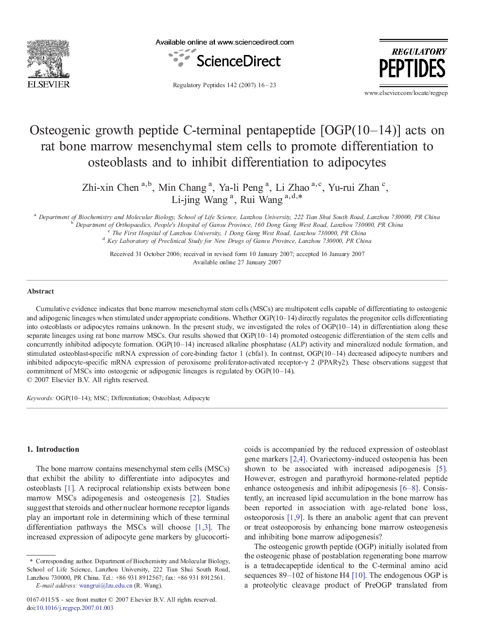 Osteogenic growth peptide C-terminal pentapeptide [OGP(10–14)] acts on rat bone marrow mesenchymal stem cells to promote differentiation to osteoblasts and to inhibit differentiation to adipocytes