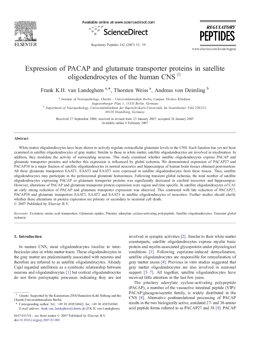 Expression of PACAP and glutamate transporter proteins in satellite oligodendrocytes of the human CNS 