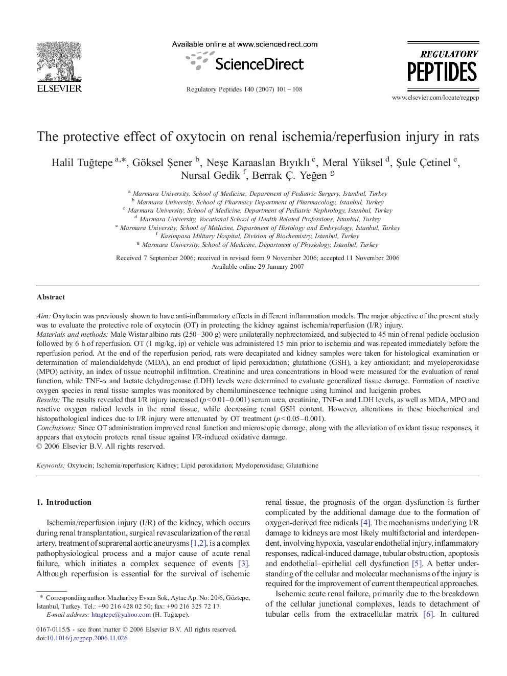 The protective effect of oxytocin on renal ischemia/reperfusion injury in rats