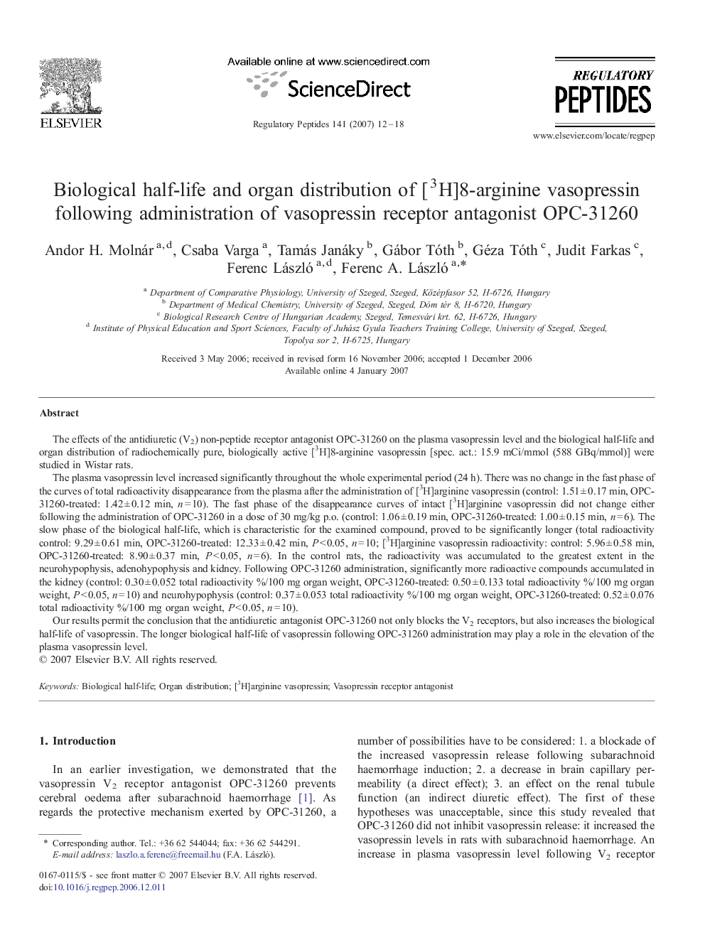 Biological half-life and organ distribution of [3H]8-arginine vasopressin following administration of vasopressin receptor antagonist OPC-31260