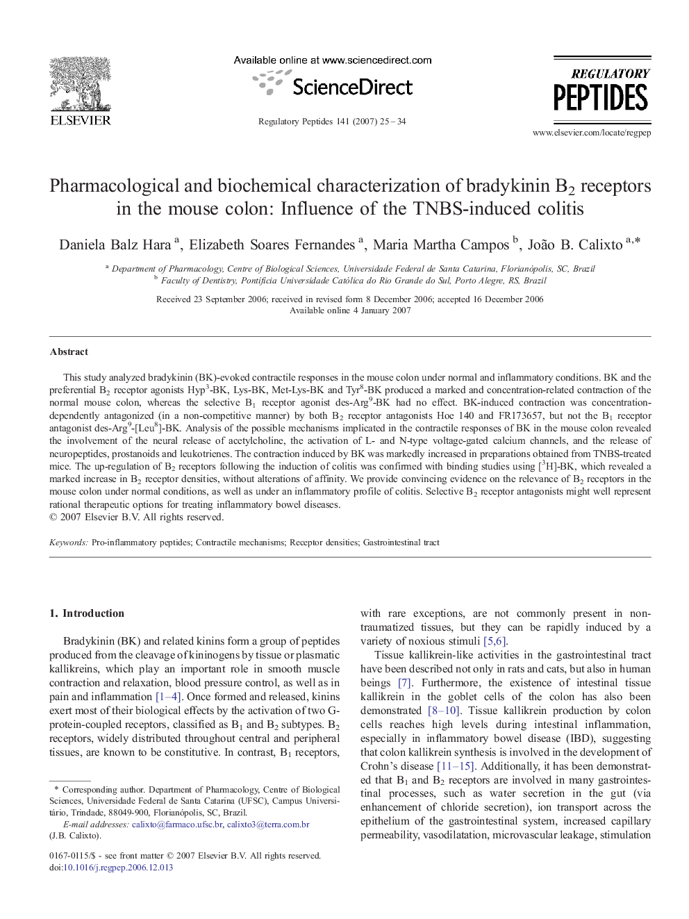 Pharmacological and biochemical characterization of bradykinin B2 receptors in the mouse colon: Influence of the TNBS-induced colitis