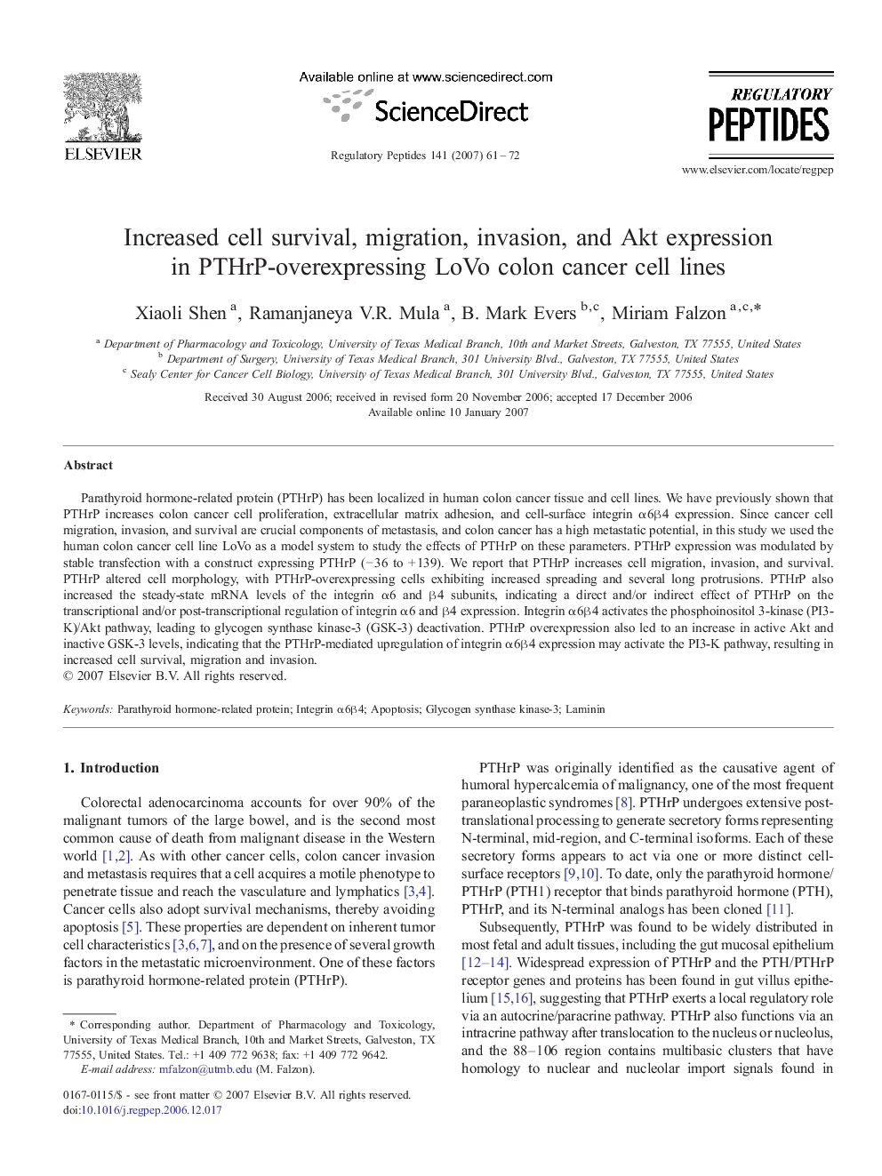 Increased cell survival, migration, invasion, and Akt expression in PTHrP-overexpressing LoVo colon cancer cell lines