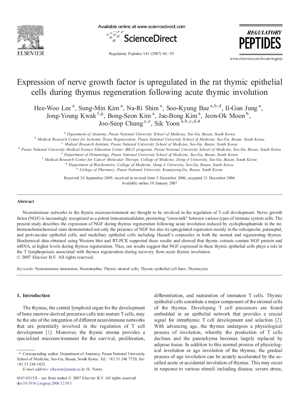 Expression of nerve growth factor is upregulated in the rat thymic epithelial cells during thymus regeneration following acute thymic involution