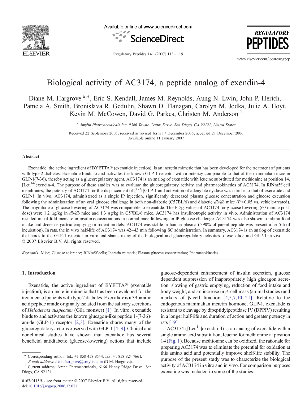 Biological activity of AC3174, a peptide analog of exendin-4