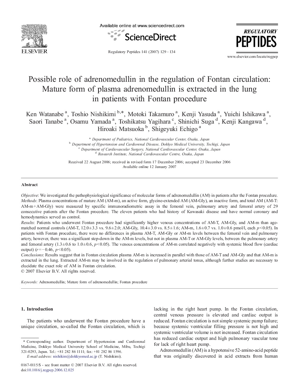 Possible role of adrenomedullin in the regulation of Fontan circulation: Mature form of plasma adrenomedullin is extracted in the lung in patients with Fontan procedure